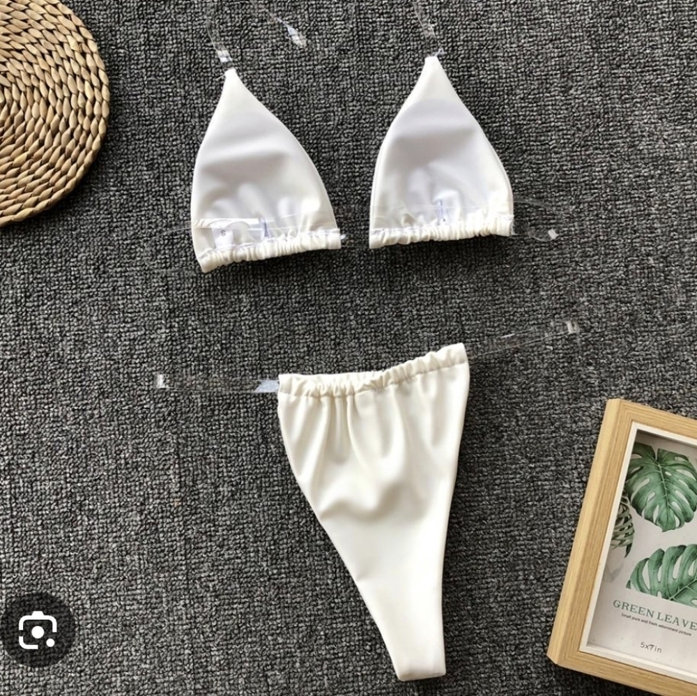 Clear Straps Bikini Set Triangle Top High Cut Thong Two Piece Swimsuit New Sz.M